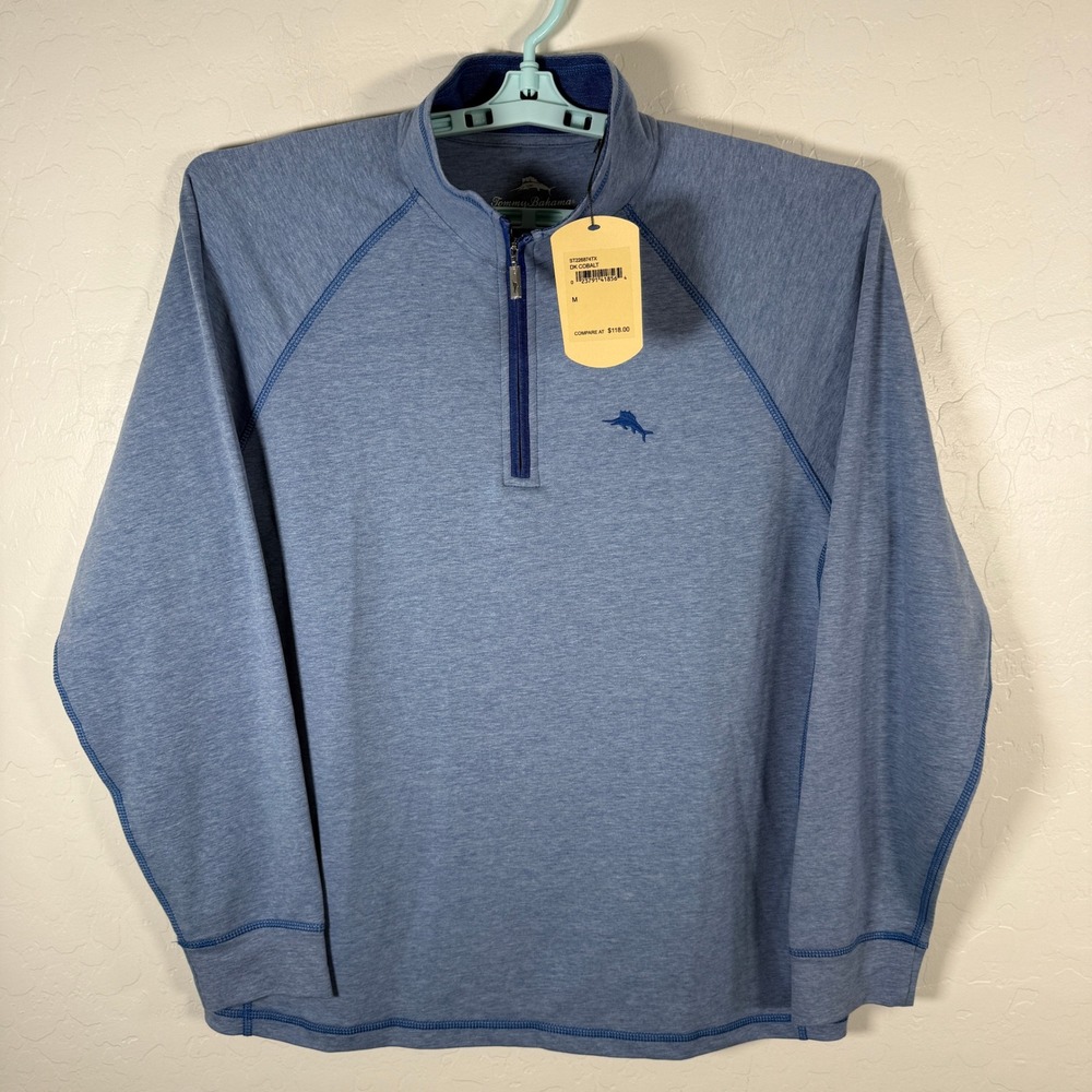Tommy Bahama 1/4 Zip Pullover Mens Medium Blue Cobalt Stretch Casual Island New